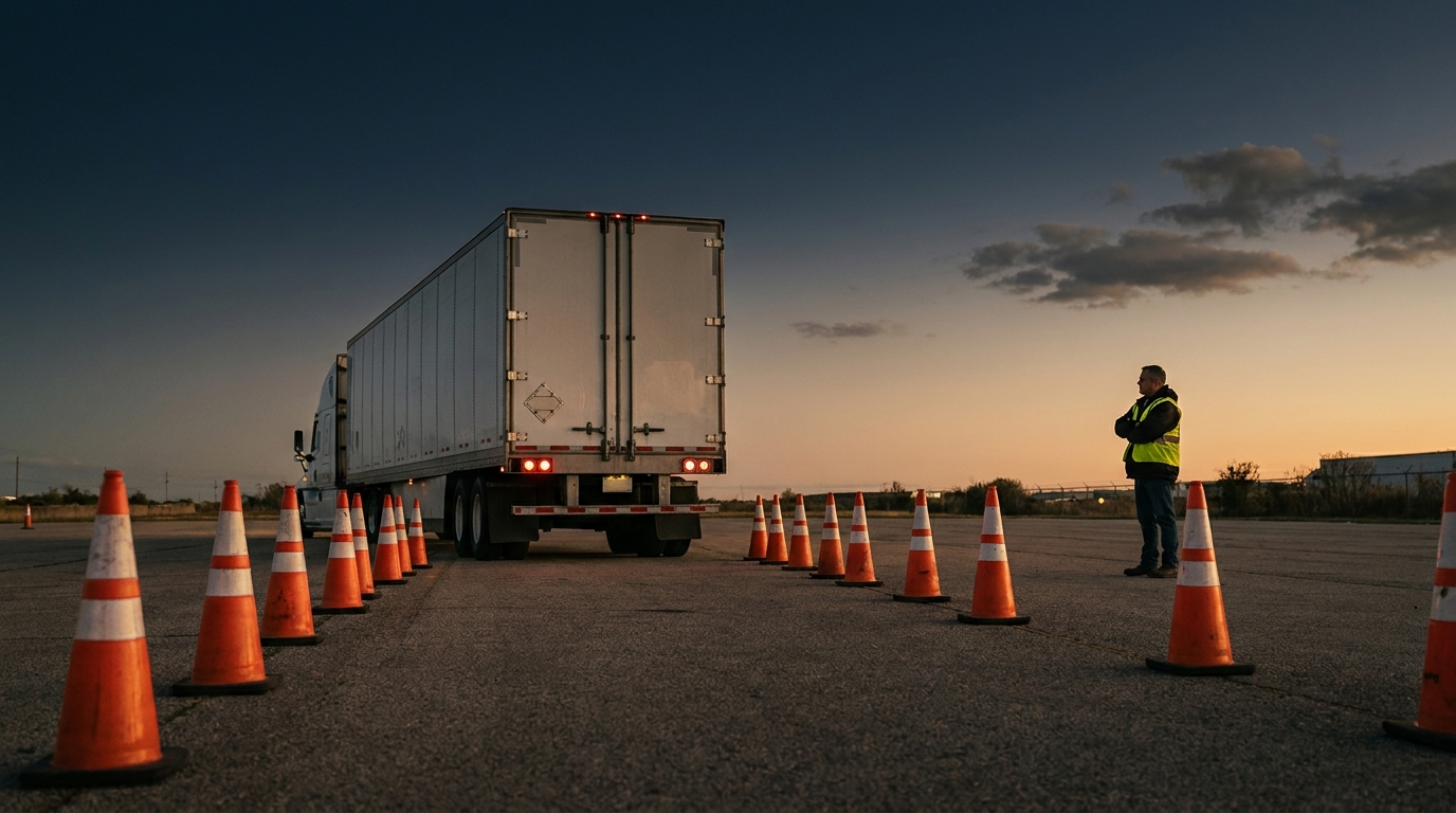 Truck backing between practice cones at a registered ELDT training provider in Orlando