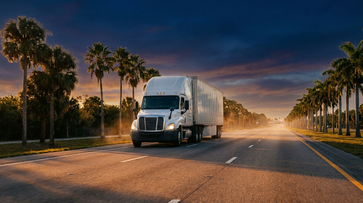Class A semi truck driving on a palm-lined Florida interstate highway